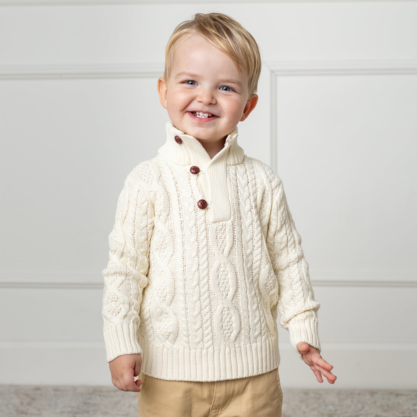 Boys Organic Mock Neck Cable Sweater with Buttons - White
