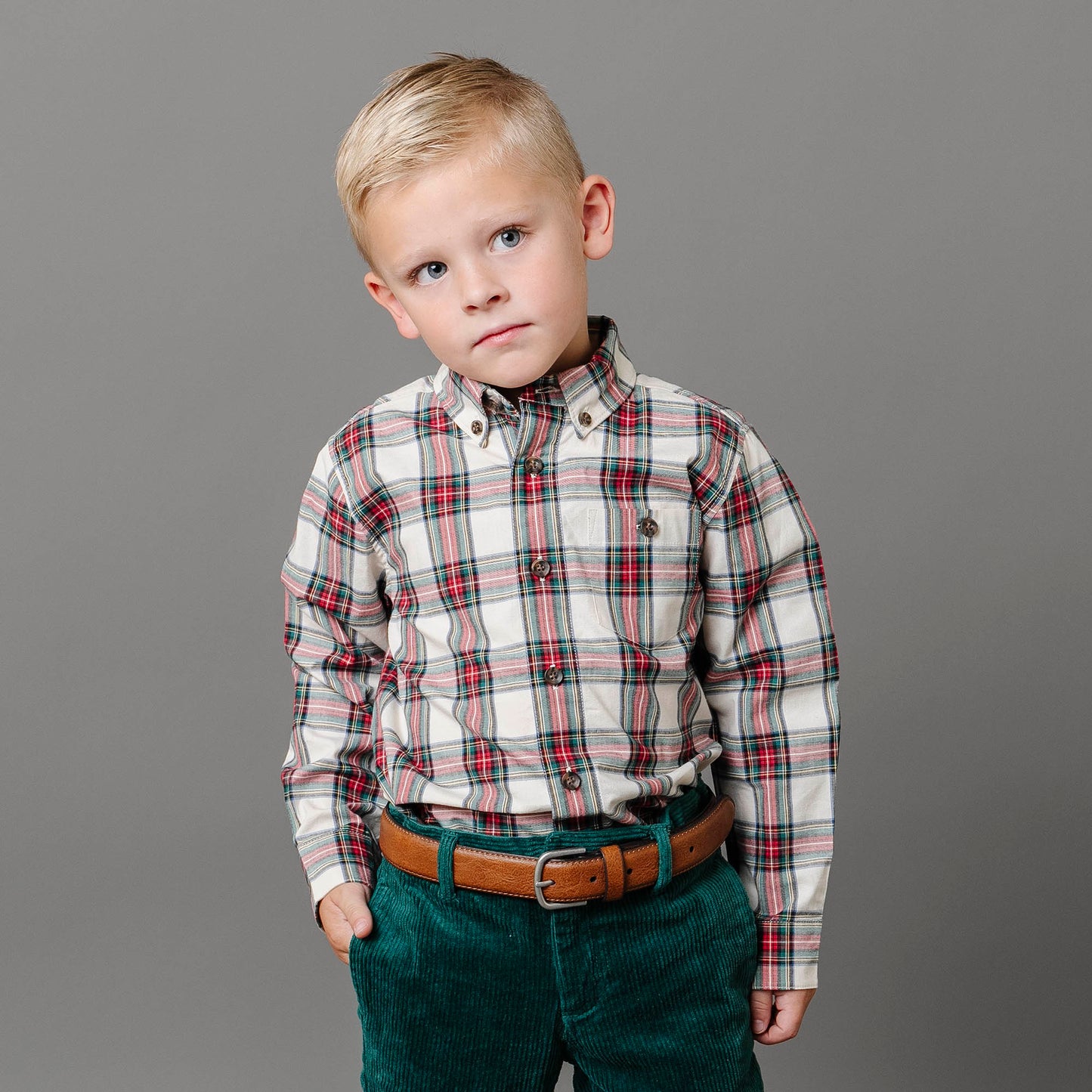 Boys Organic Button Down Shirt - Ivory Tartan