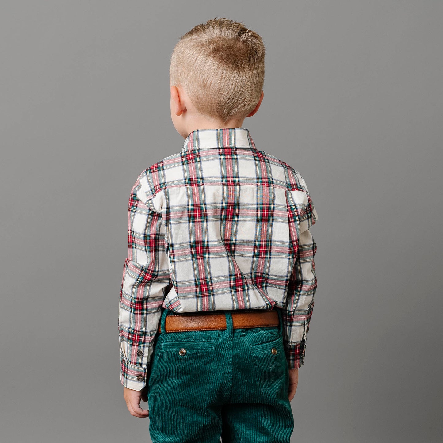 Boys Organic Button Down Shirt - Ivory Tartan