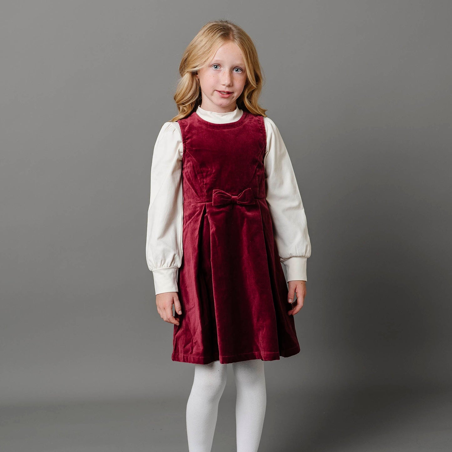 Bow Front Toddler & Kid Jumper Dress - Wine Velvet