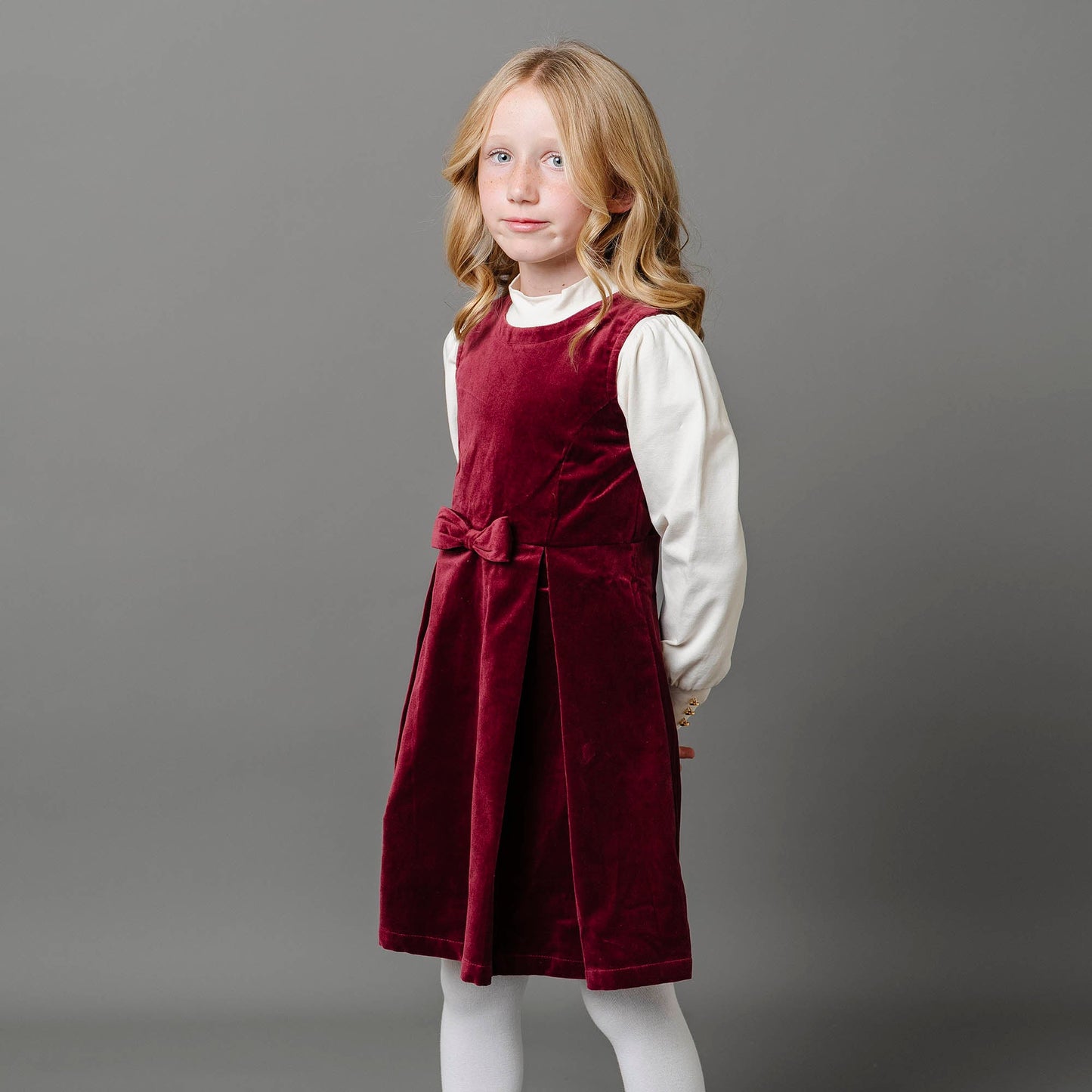 Bow Front Toddler & Kid Jumper Dress - Wine Velvet