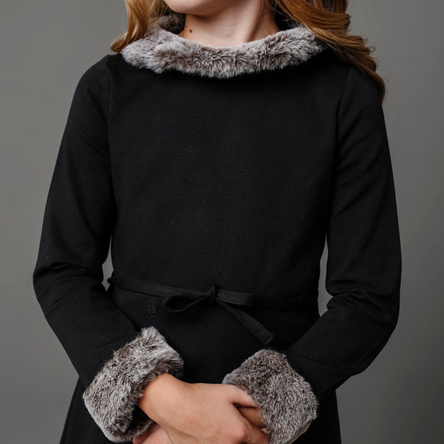 Girls Long Sleeve Ponte Dress with Faux Fur