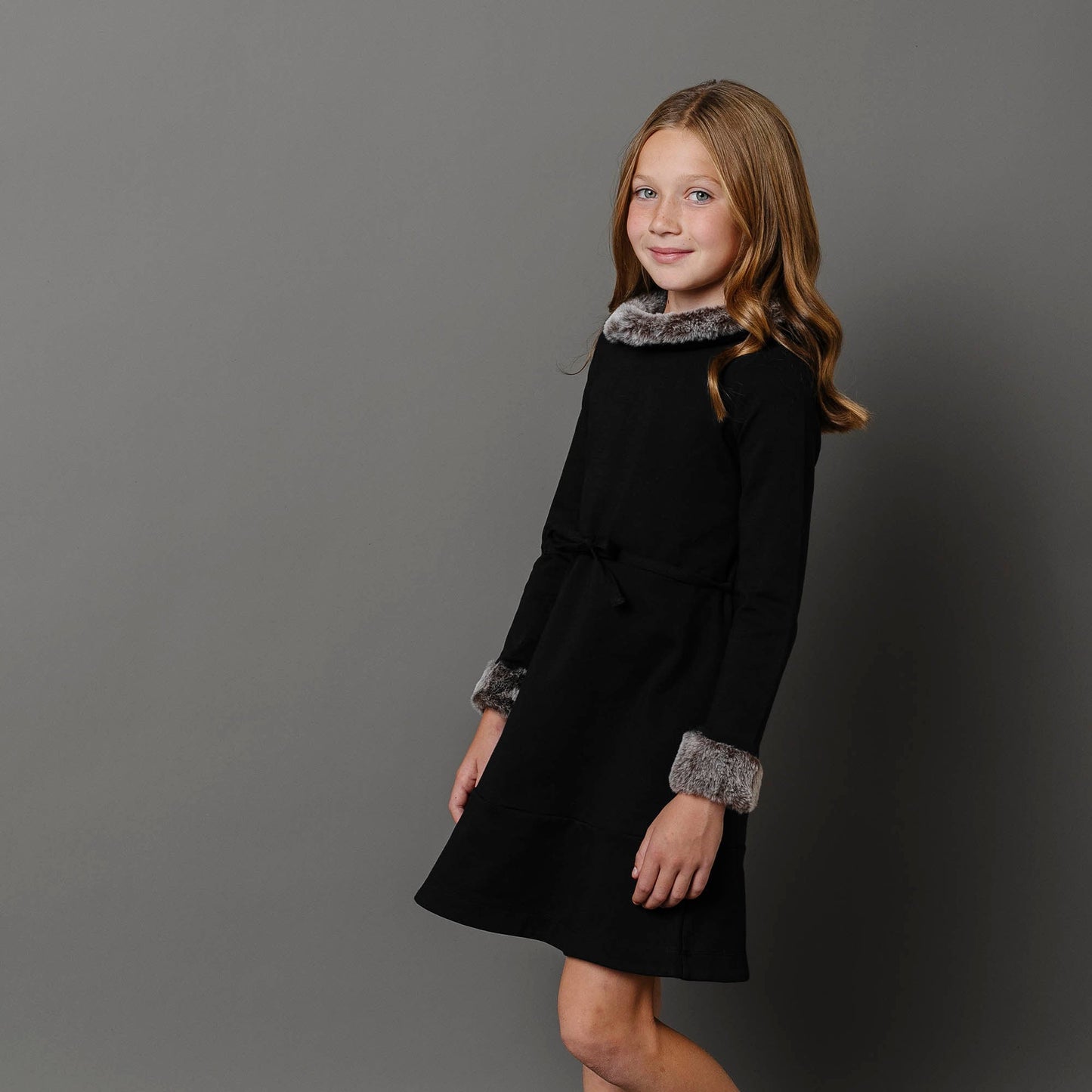 Girls Long Sleeve Ponte Dress with Faux Fur