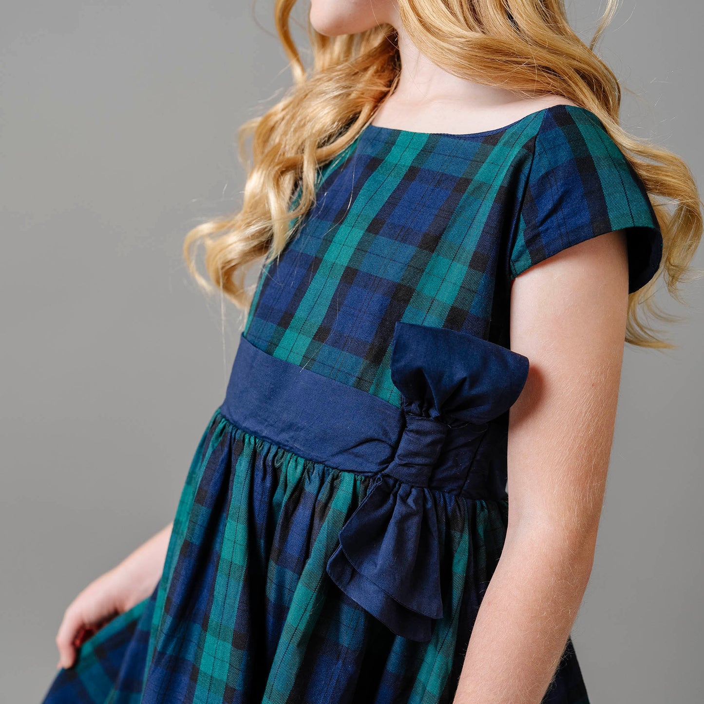 Cap Sleeve Organic Girls Tartan Dress with Bow Sash