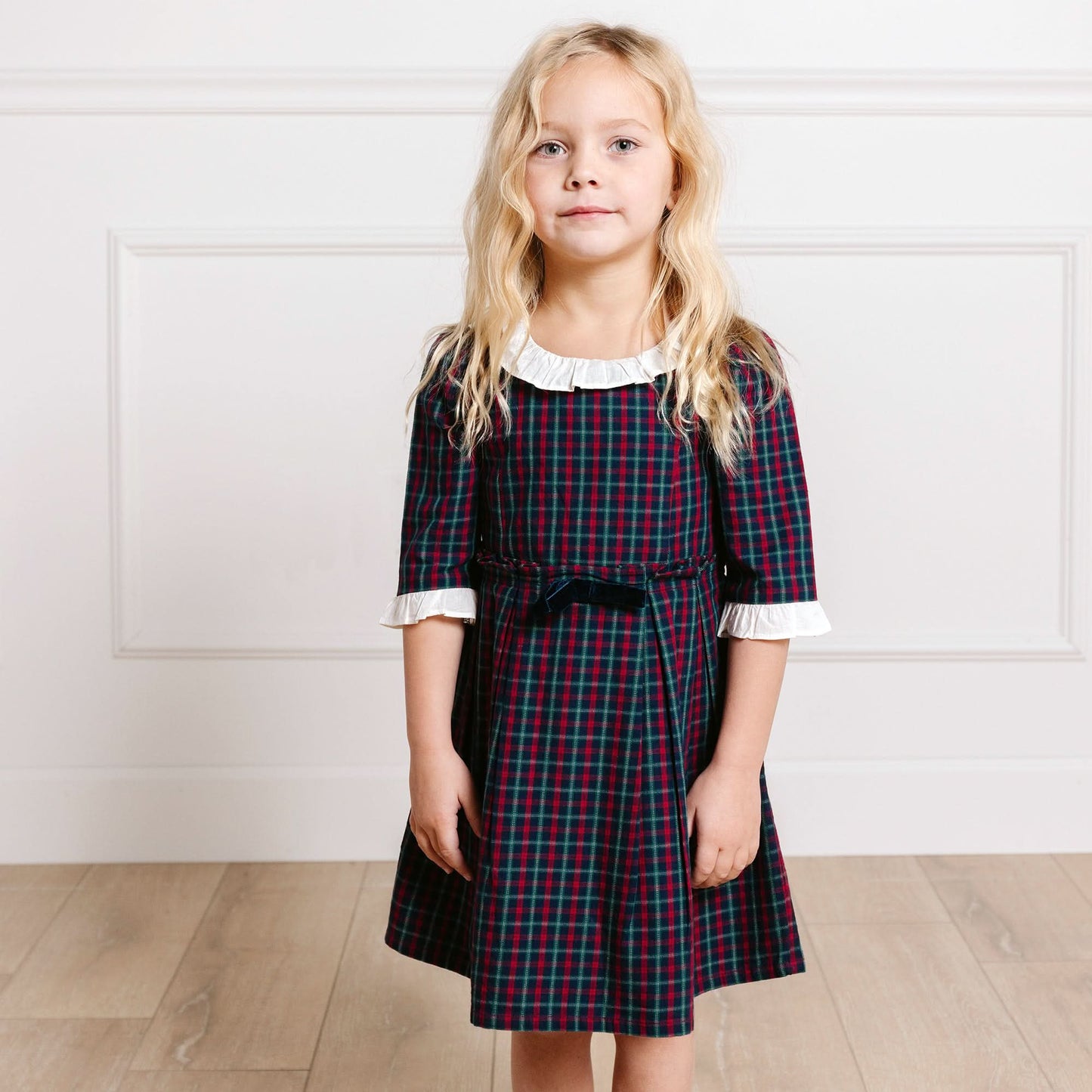 Organic Ruffle Trim Party Baby Girl Dress - Navy Holiday Check