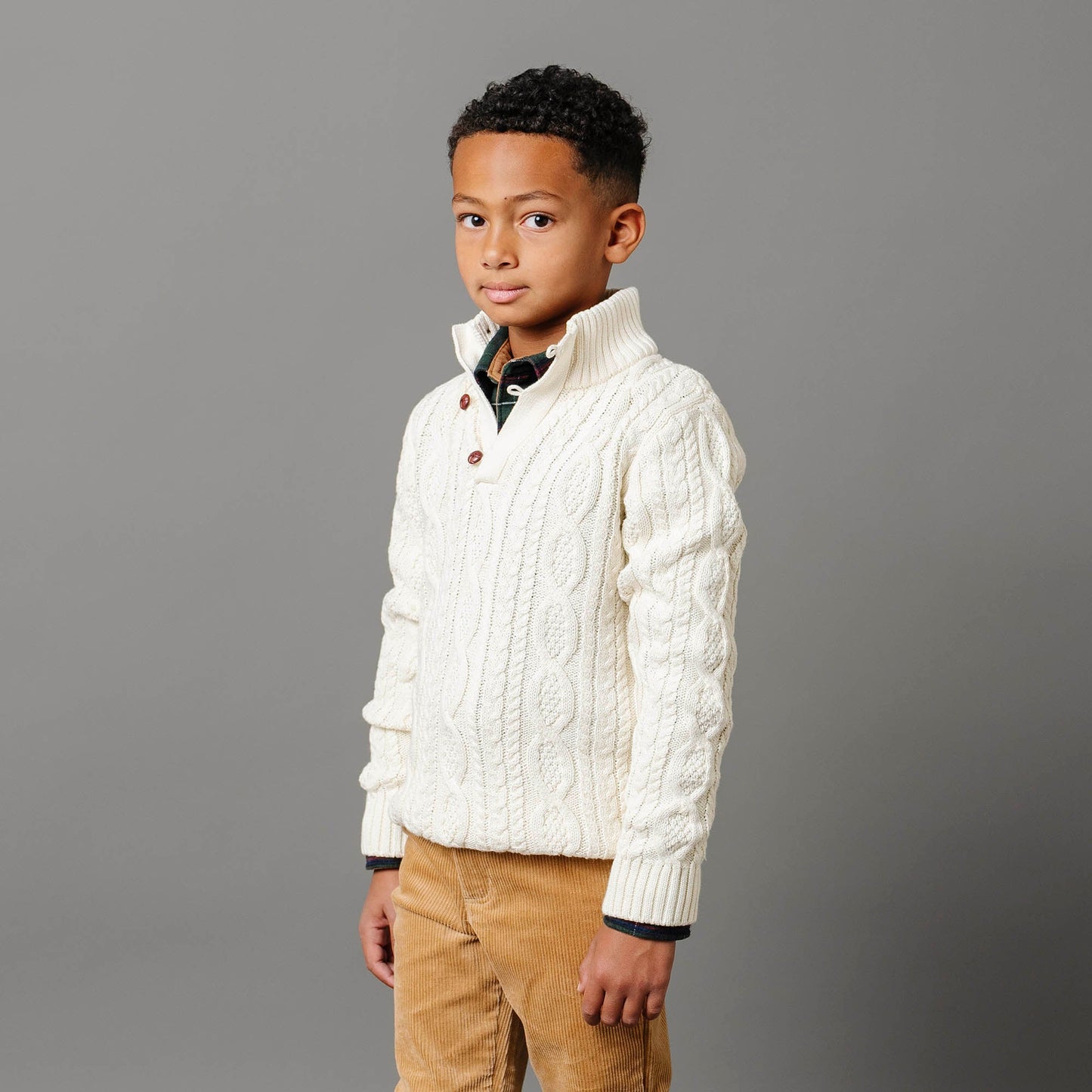 Boys Organic Mock Neck Cable Sweater with Buttons - White