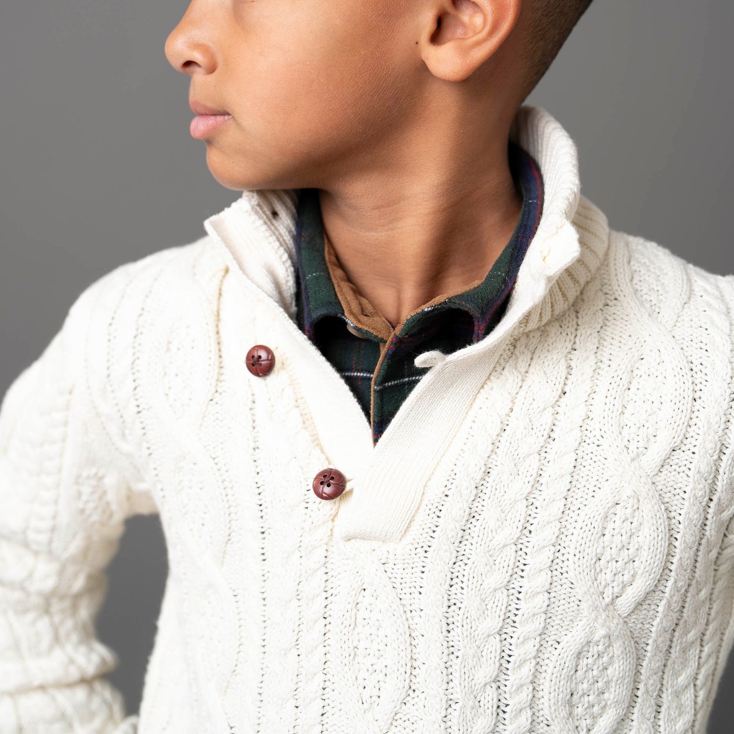 Boys Organic Mock Neck Cable Sweater with Buttons - White