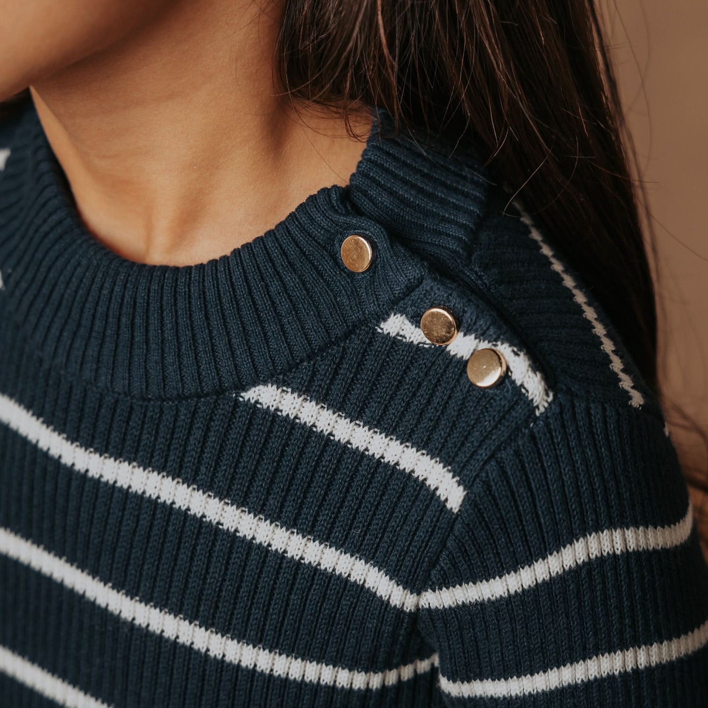 Girls Organic Mock Neck Sweater - Navy Stripe