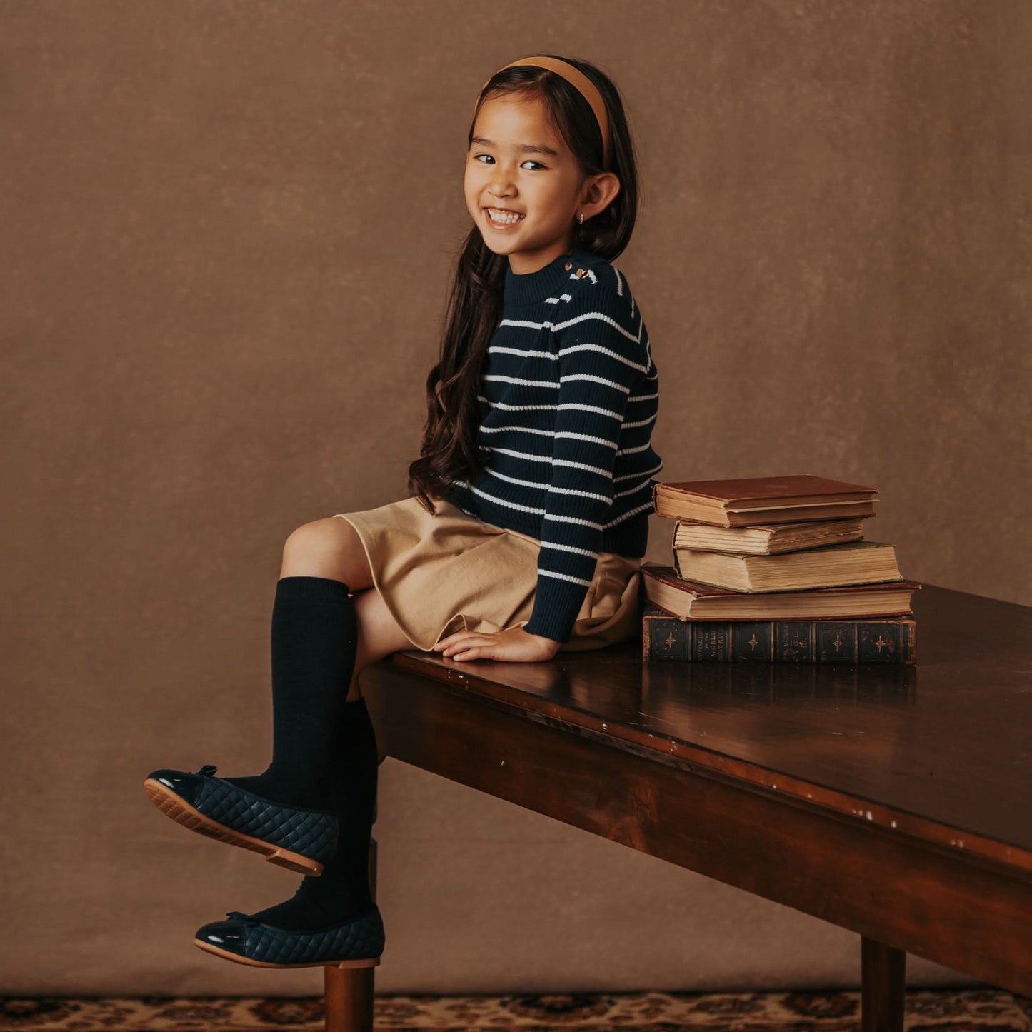 Girls Organic Mock Neck Sweater - Navy Stripe
