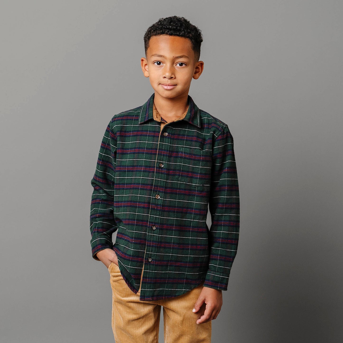 Boys Organic Flannel Shirt with Suede - Pine Plaid