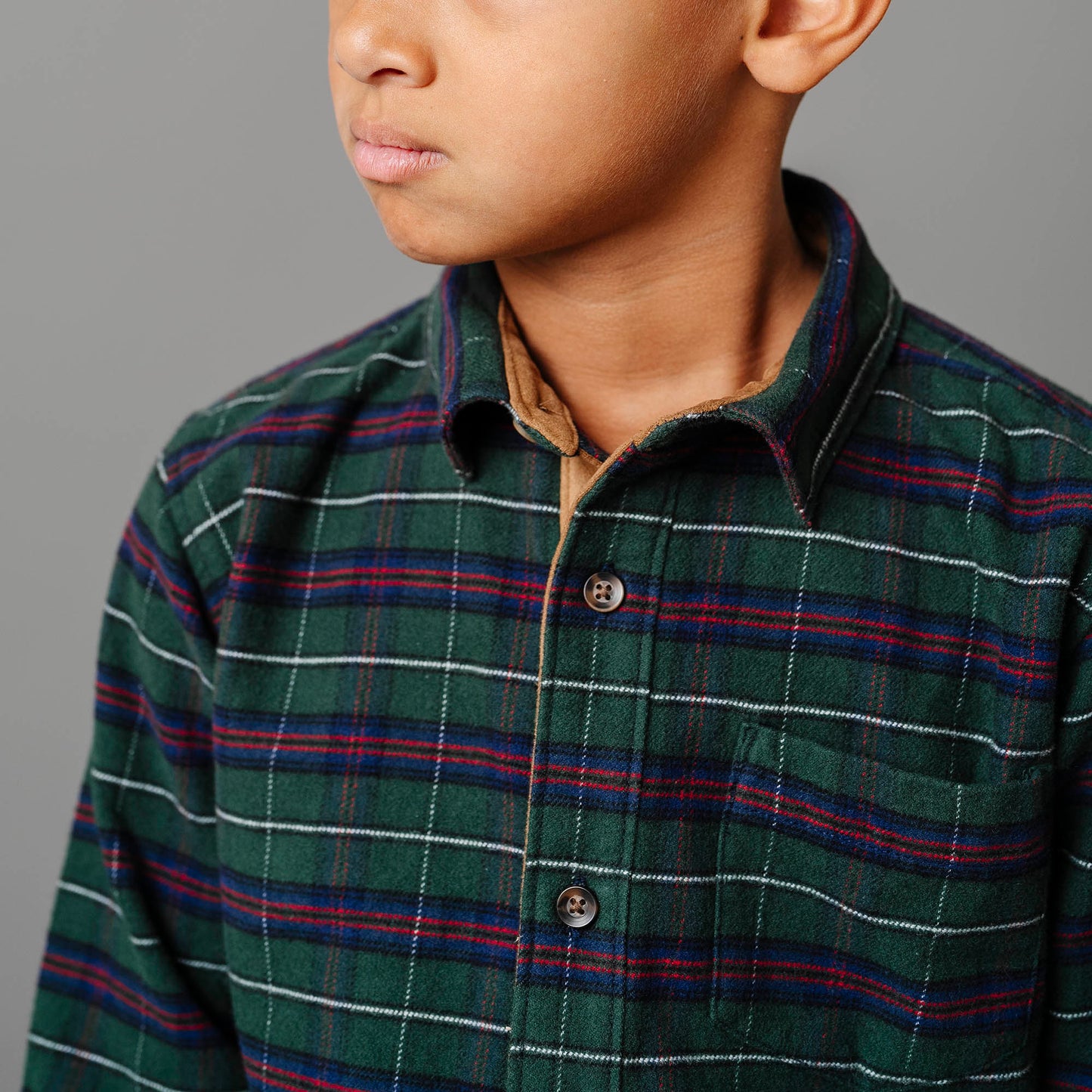 Boys Organic Flannel Shirt with Suede - Pine Plaid
