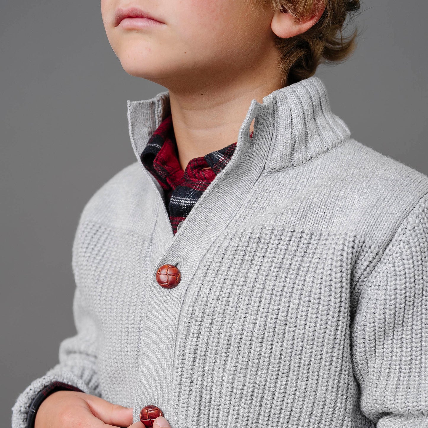 Boys Organic Mock Neck Cardigan - Dark Gray