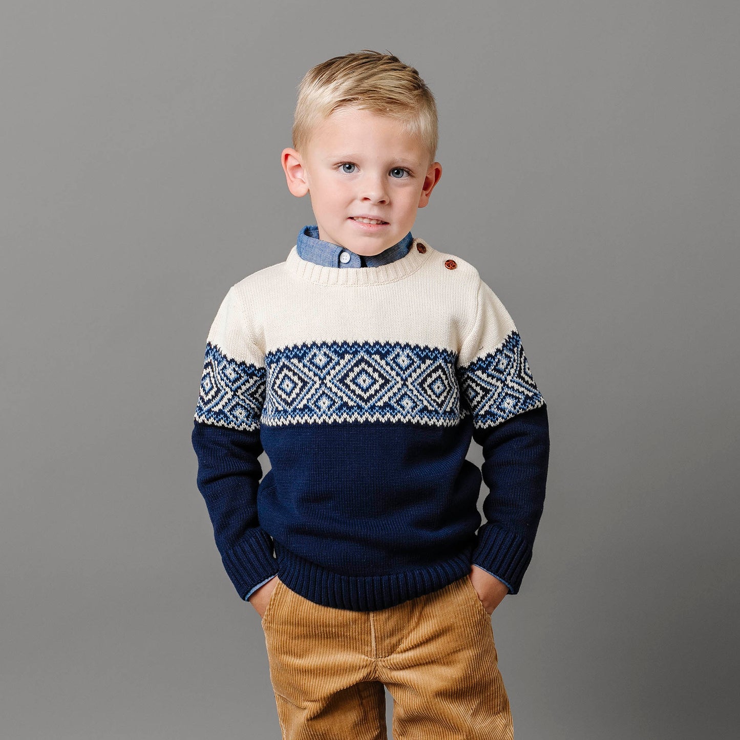 Boys Organic Intarsia Crew Neck Button Sweater