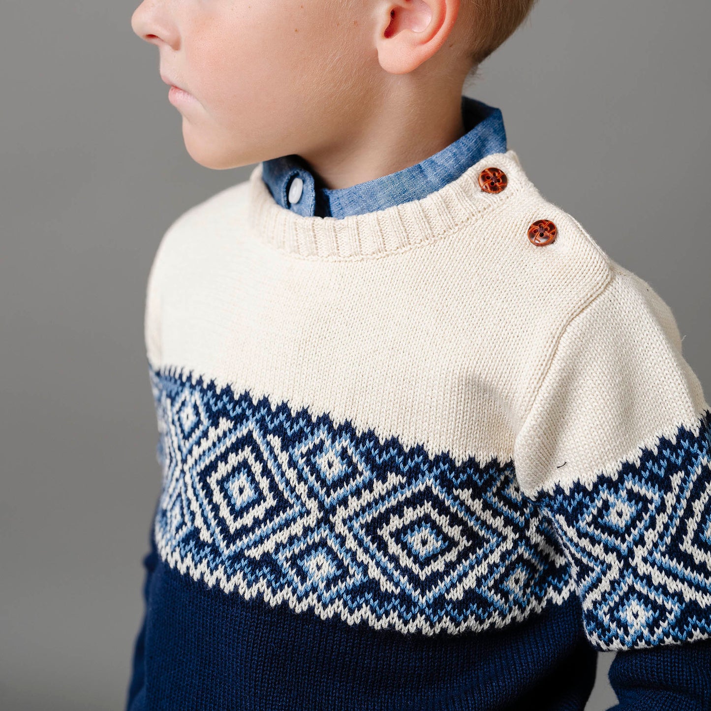 Boys Organic Intarsia Crew Neck Button Sweater