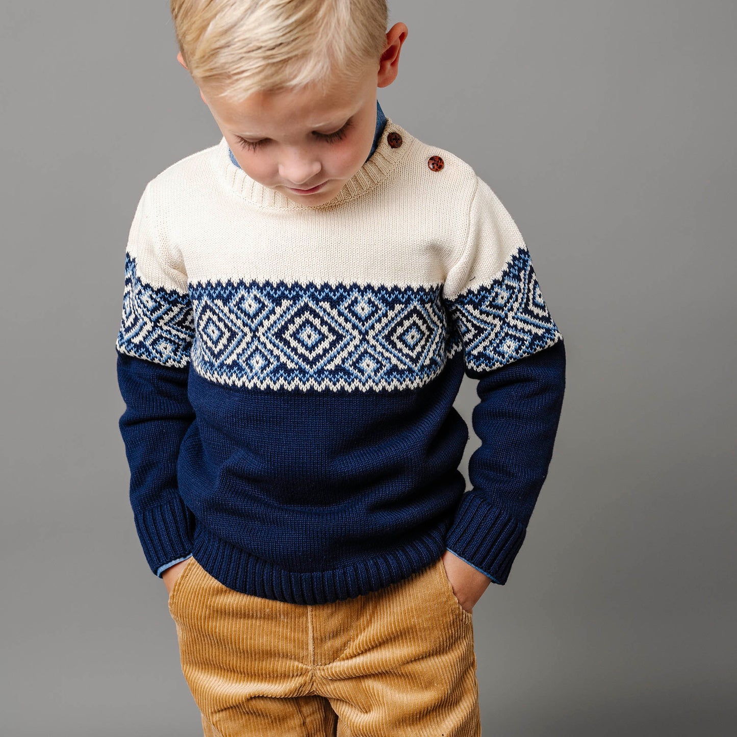Boys Organic Intarsia Crew Neck Button Sweater