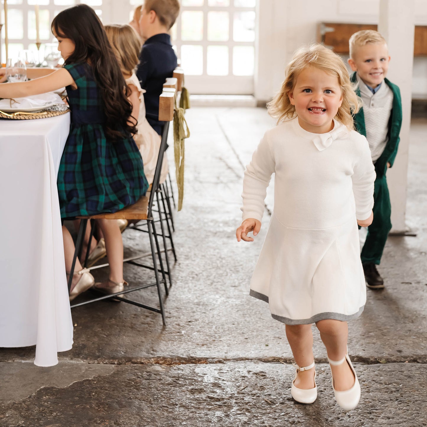 Girls Organic Mock Neck Bow Detail Sweater Dress - White