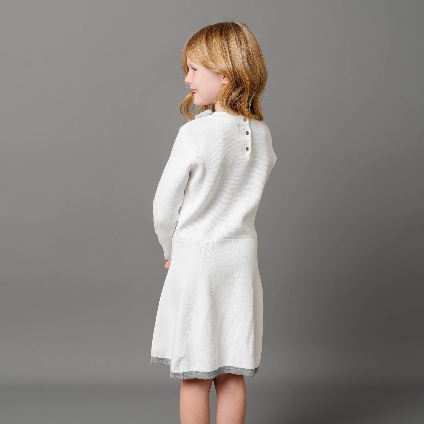 Girls Organic Mock Neck Bow Detail Sweater Dress - White