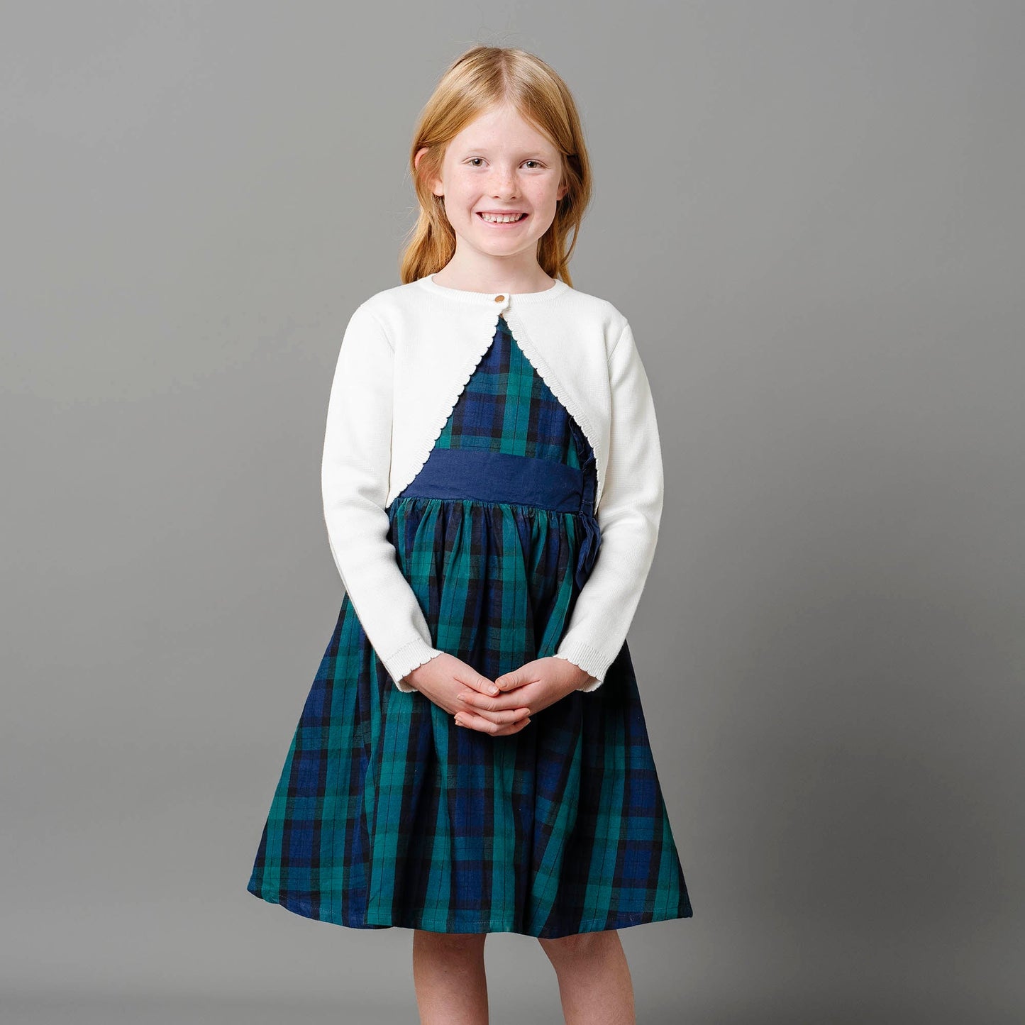 Cap Sleeve Organic Girls Tartan Dress with Bow Sash
