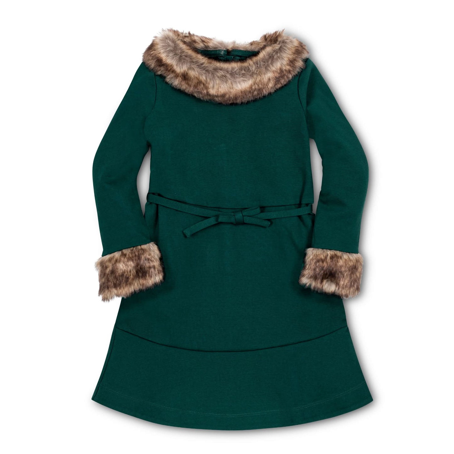 Girls Long Sleeve Ponte Dress with Faux Fur - Deep Green