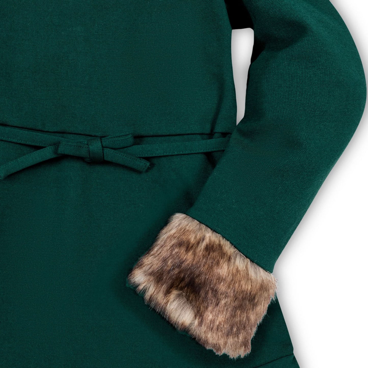 Girls Long Sleeve Ponte Dress with Faux Fur - Deep Green