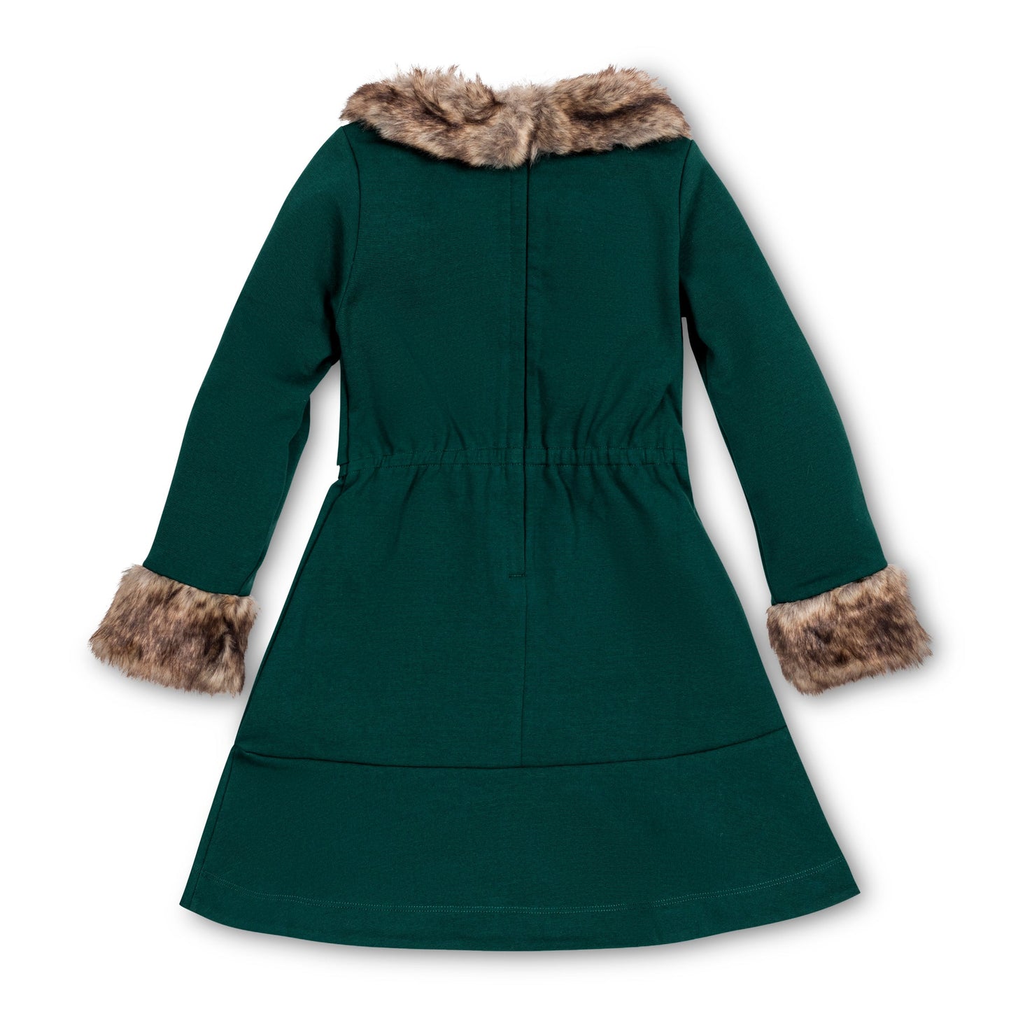 Girls Long Sleeve Ponte Dress with Faux Fur - Deep Green