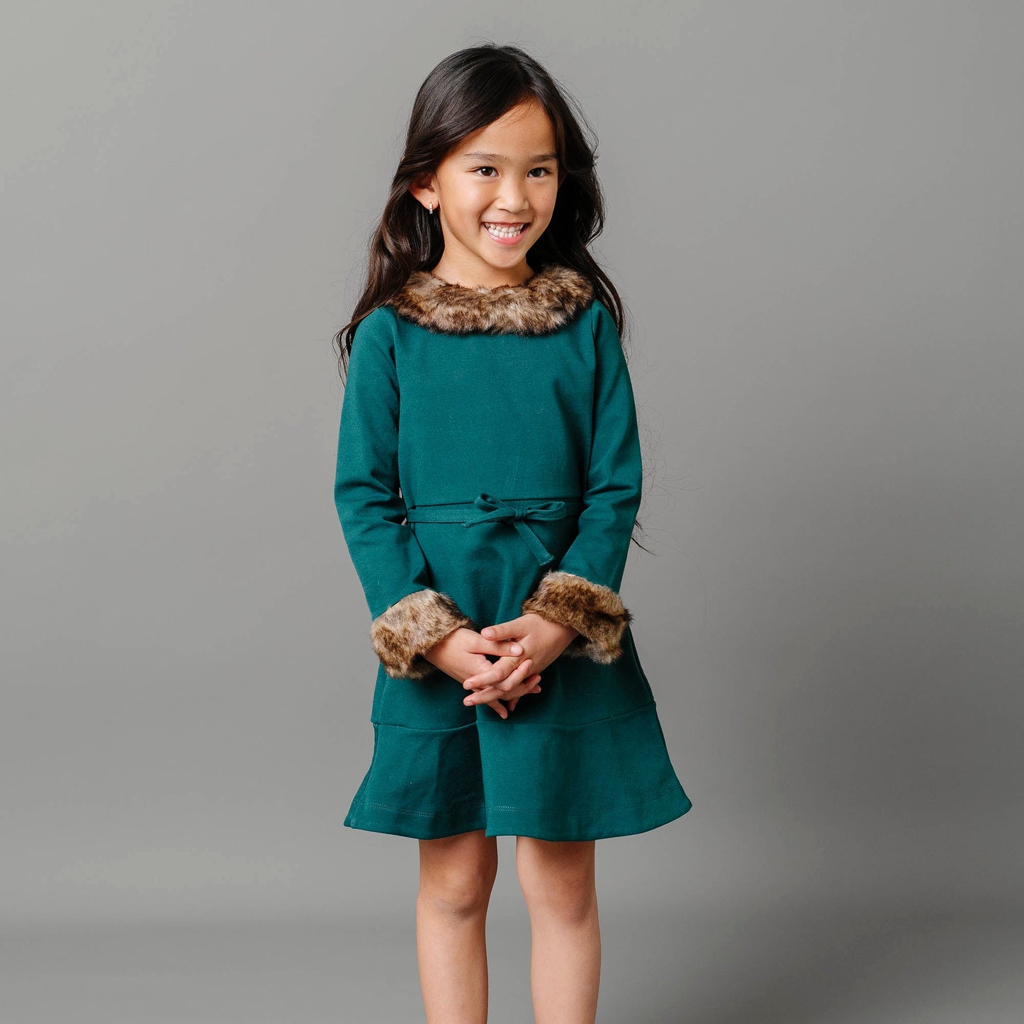 Girls Long Sleeve Ponte Dress with Faux Fur - Deep Green