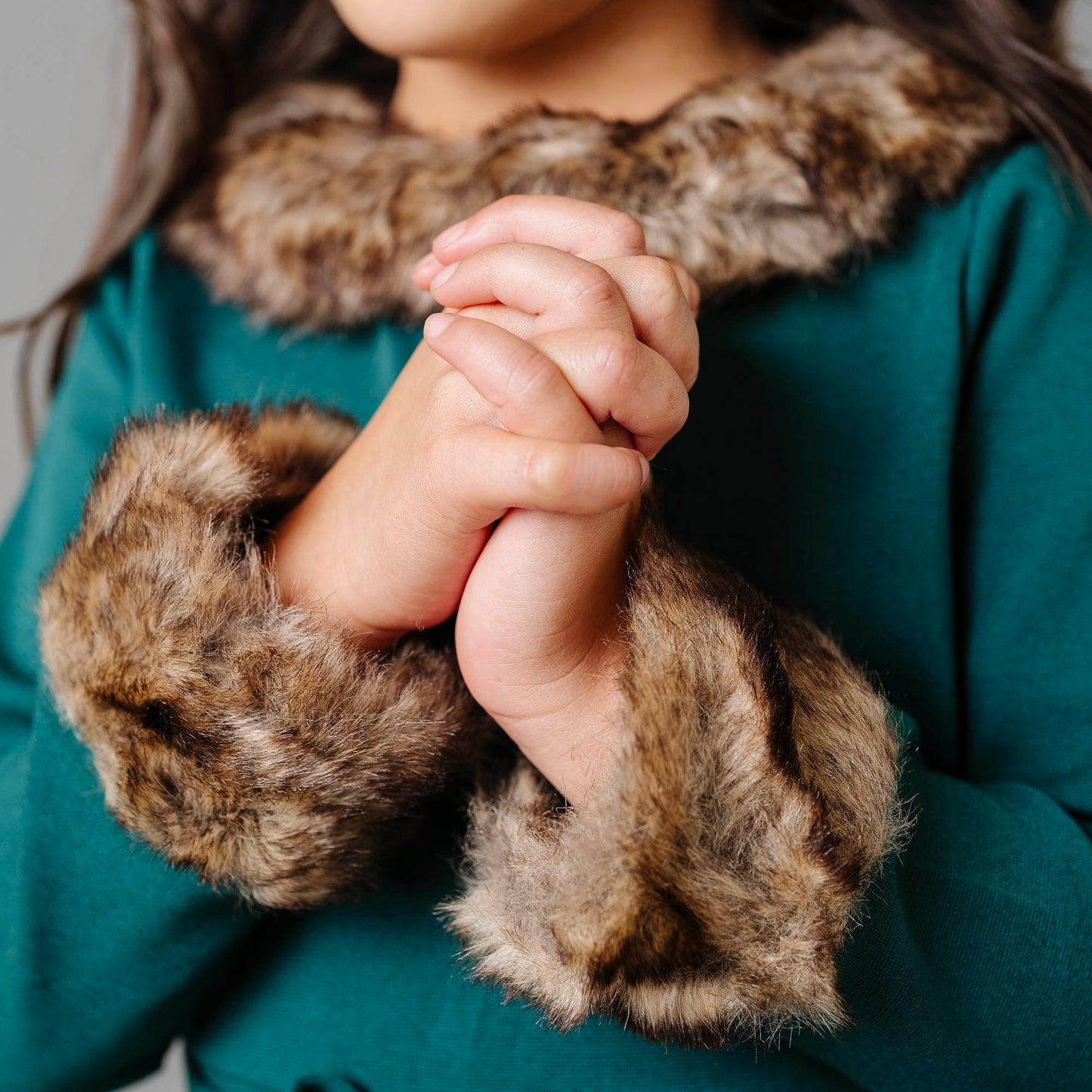 Girls Long Sleeve Ponte Dress with Faux Fur - Deep Green