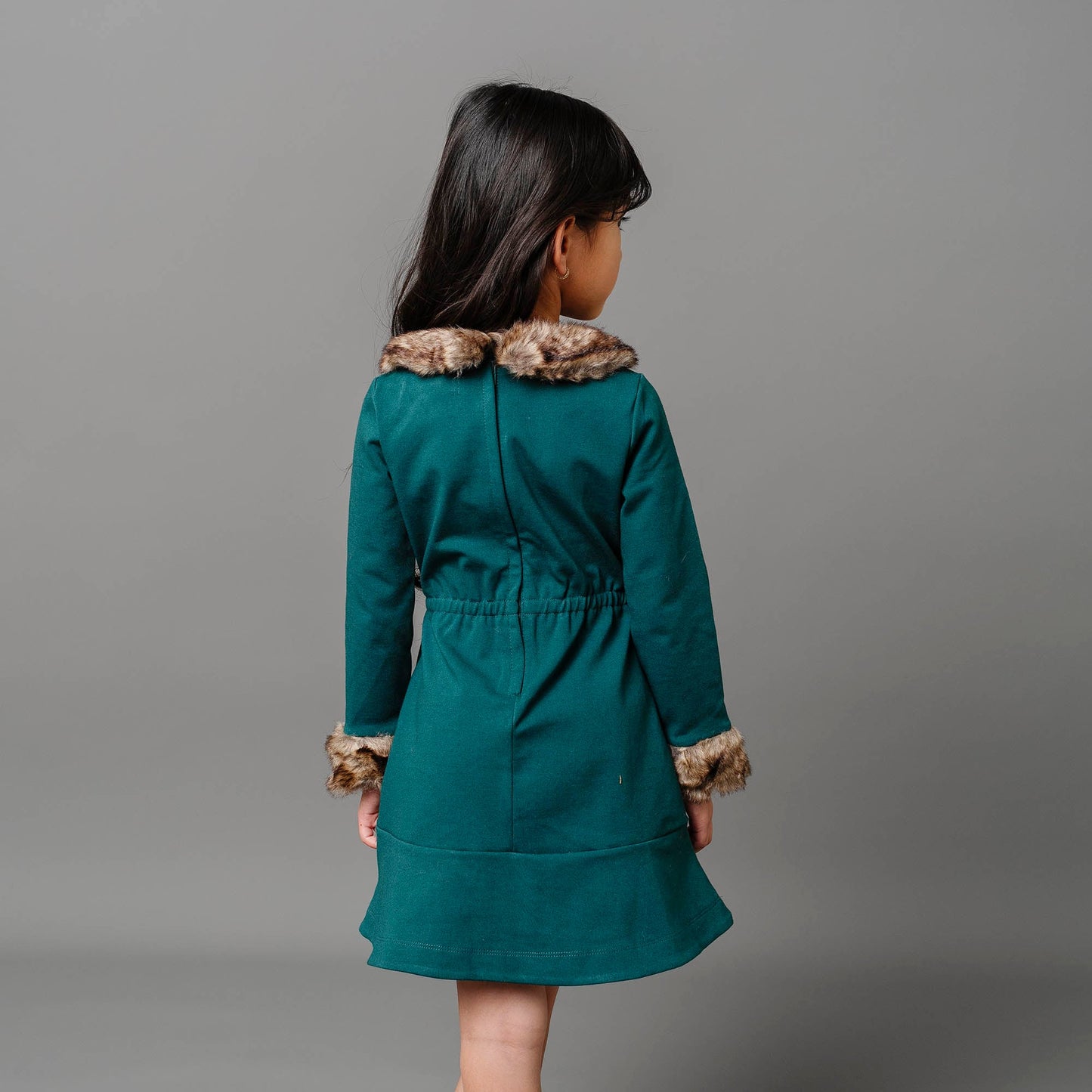 Girls Long Sleeve Ponte Dress with Faux Fur - Deep Green