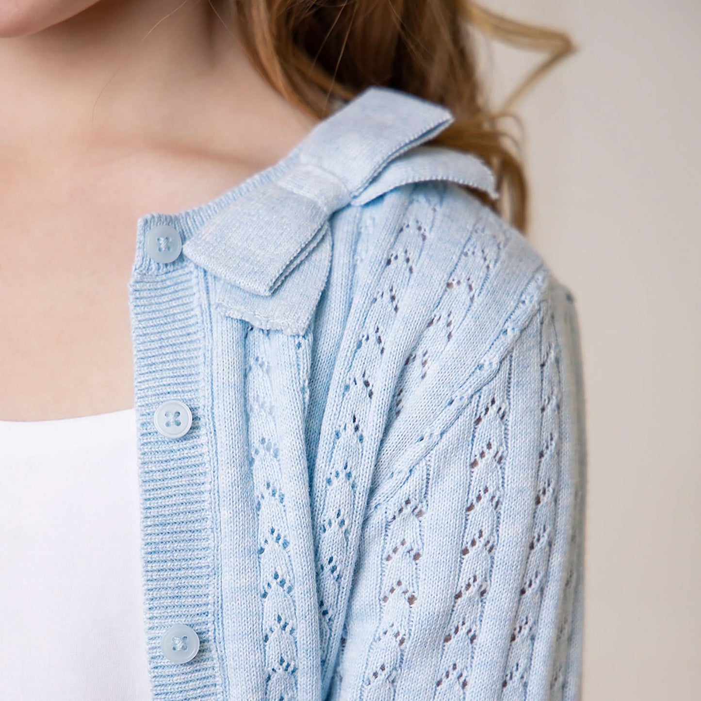 Girls Organic Pointelle Bow Cardigan - Light Blue