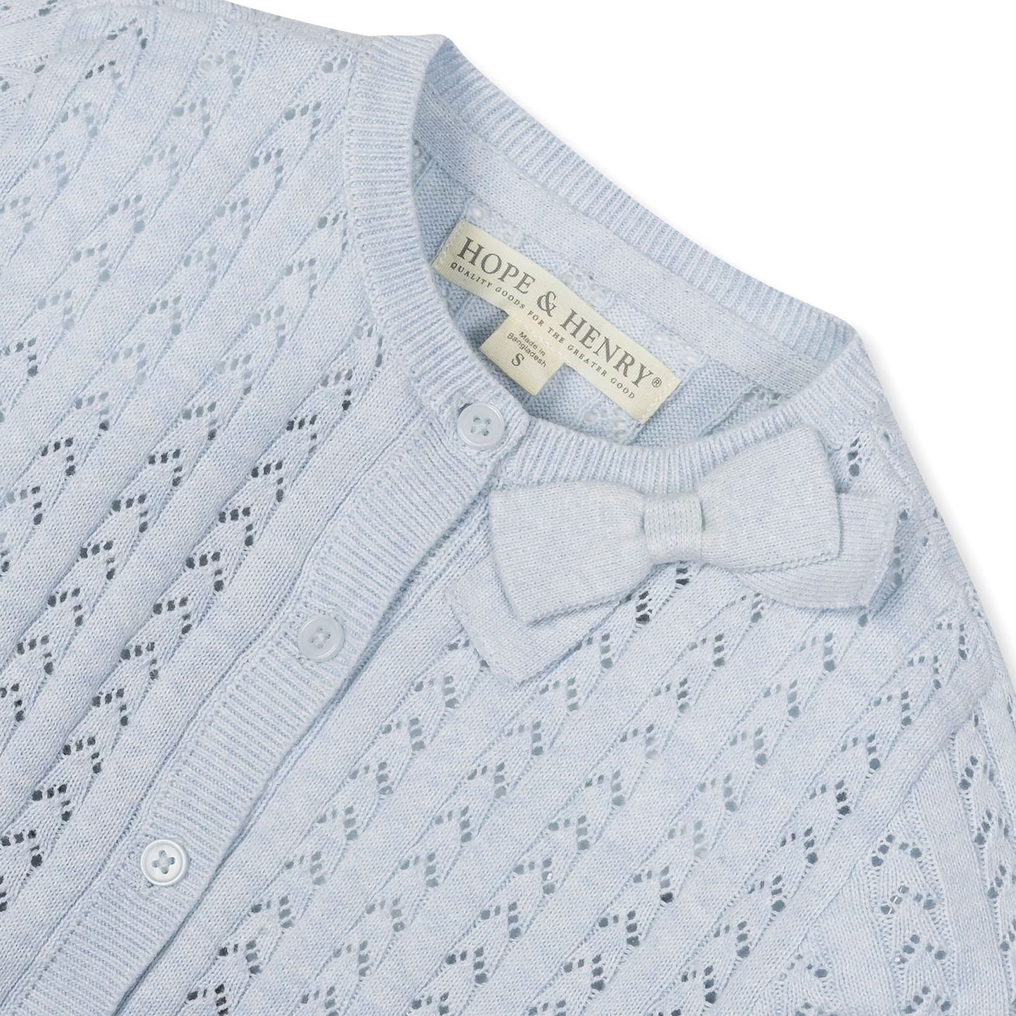 Girls Organic Pointelle Bow Cardigan - Light Blue