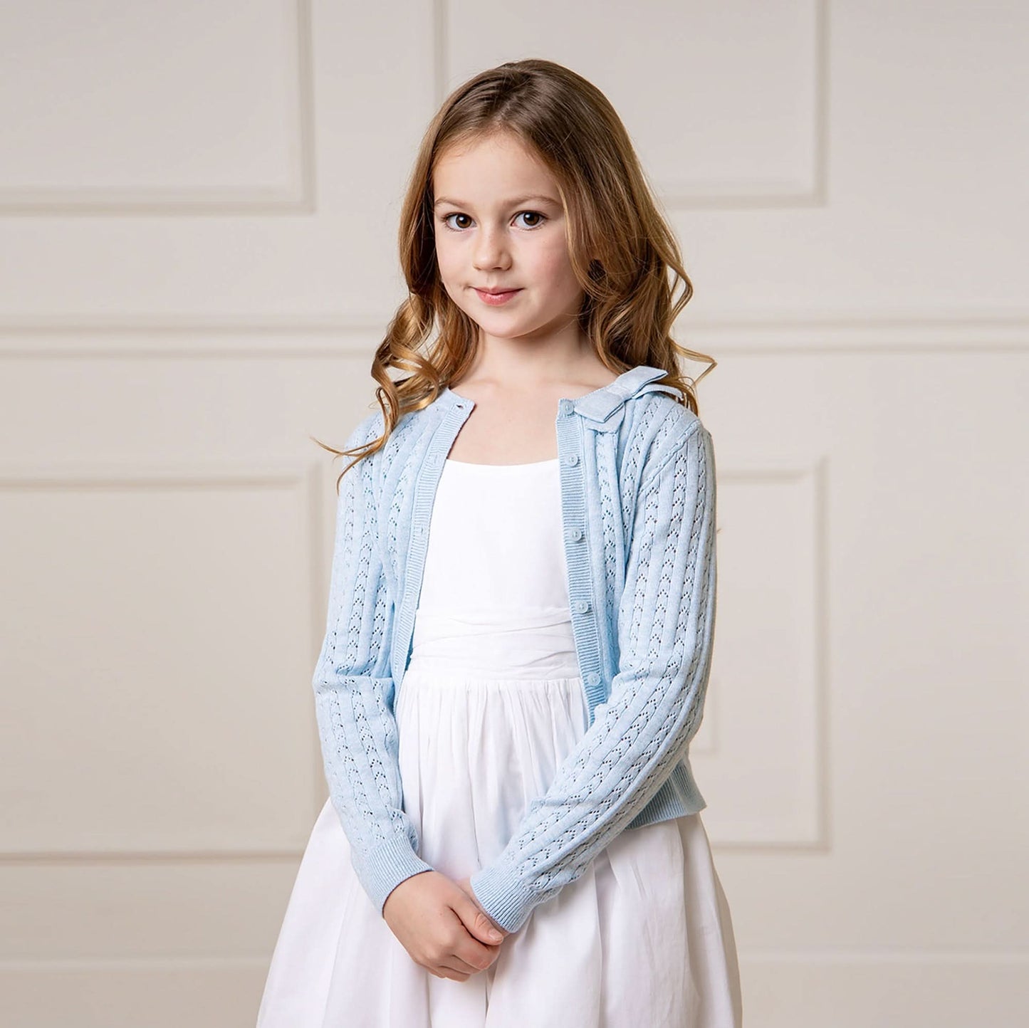 Girls Organic Pointelle Bow Cardigan - Light Blue