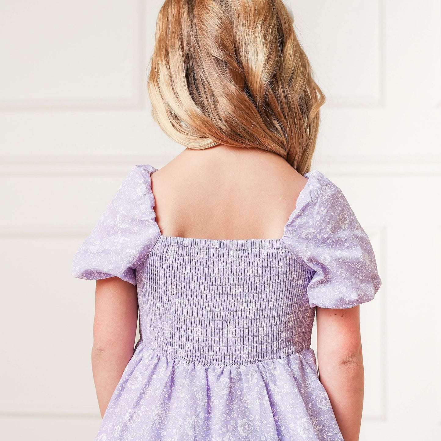Girls Smocked Bubble Sleeve Dress - Lavender Floral