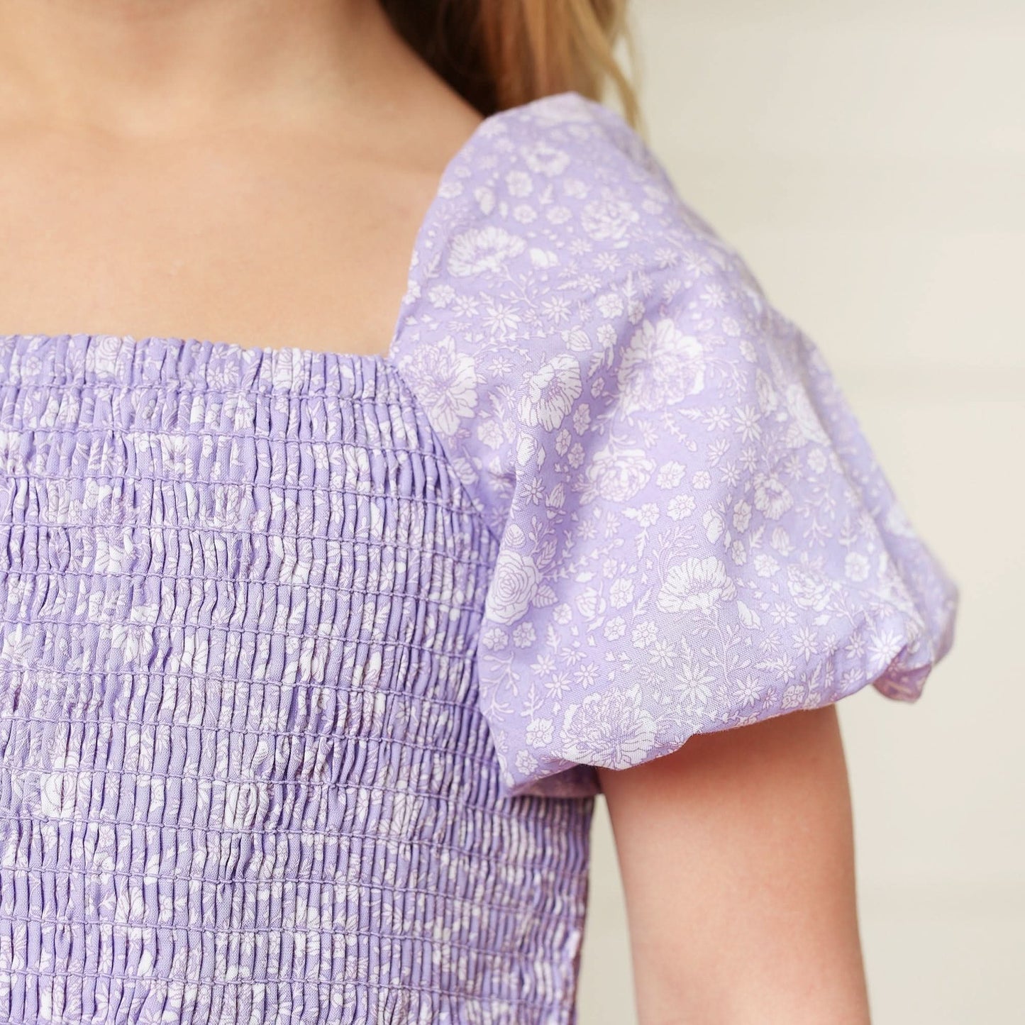 Girls Smocked Bubble Sleeve Dress - Lavender Floral