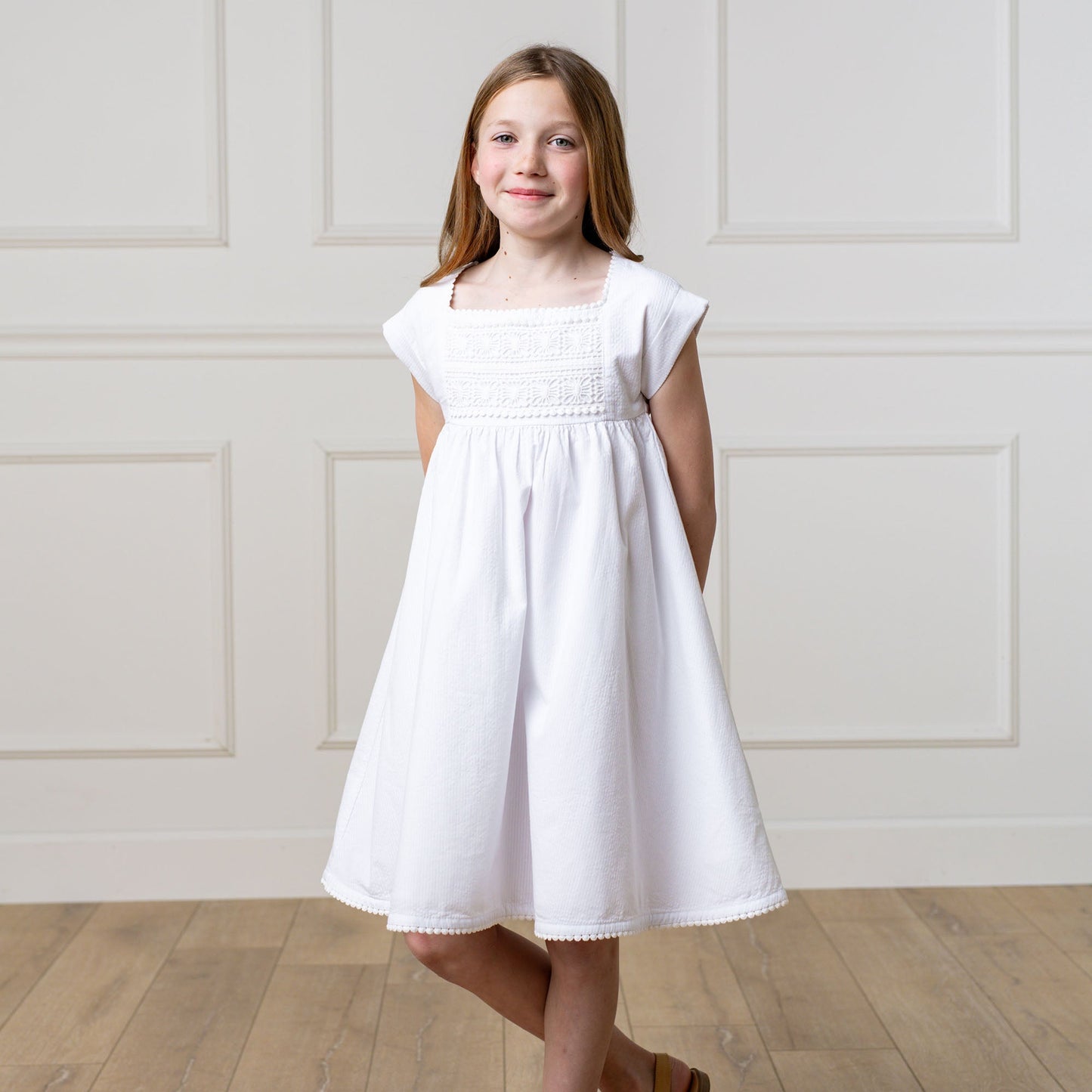 Organic Seersucker White Empire Waist Dress