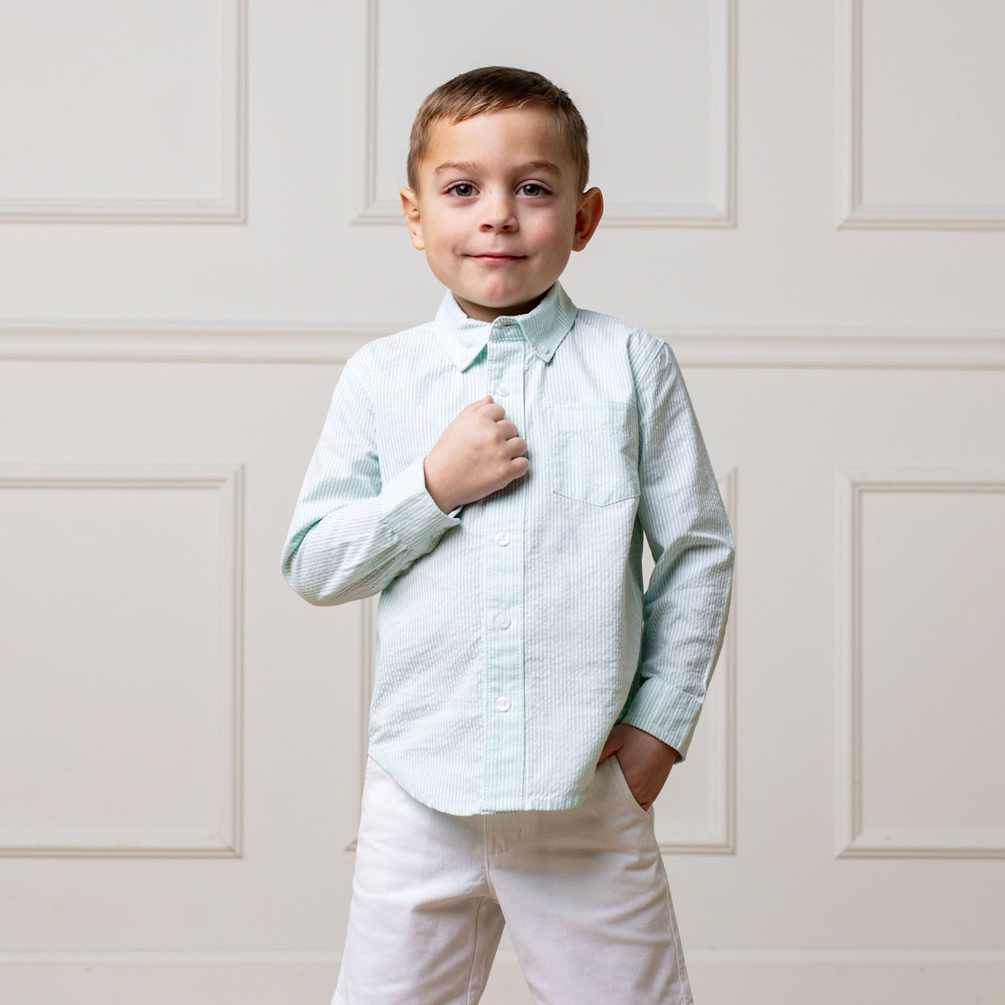 Boys Organic Seersucker Shirt - Mint