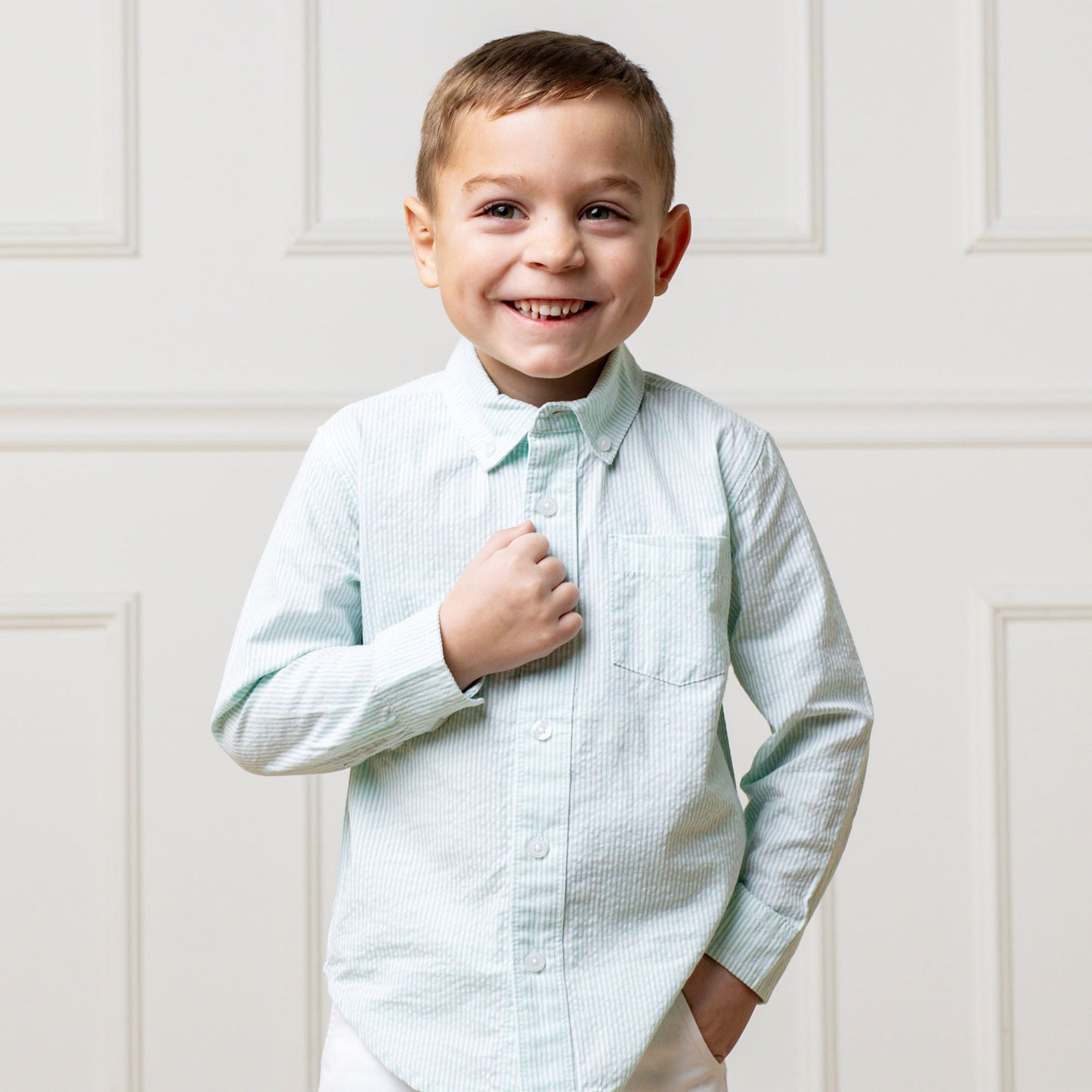 Boys Organic Seersucker Shirt - Mint