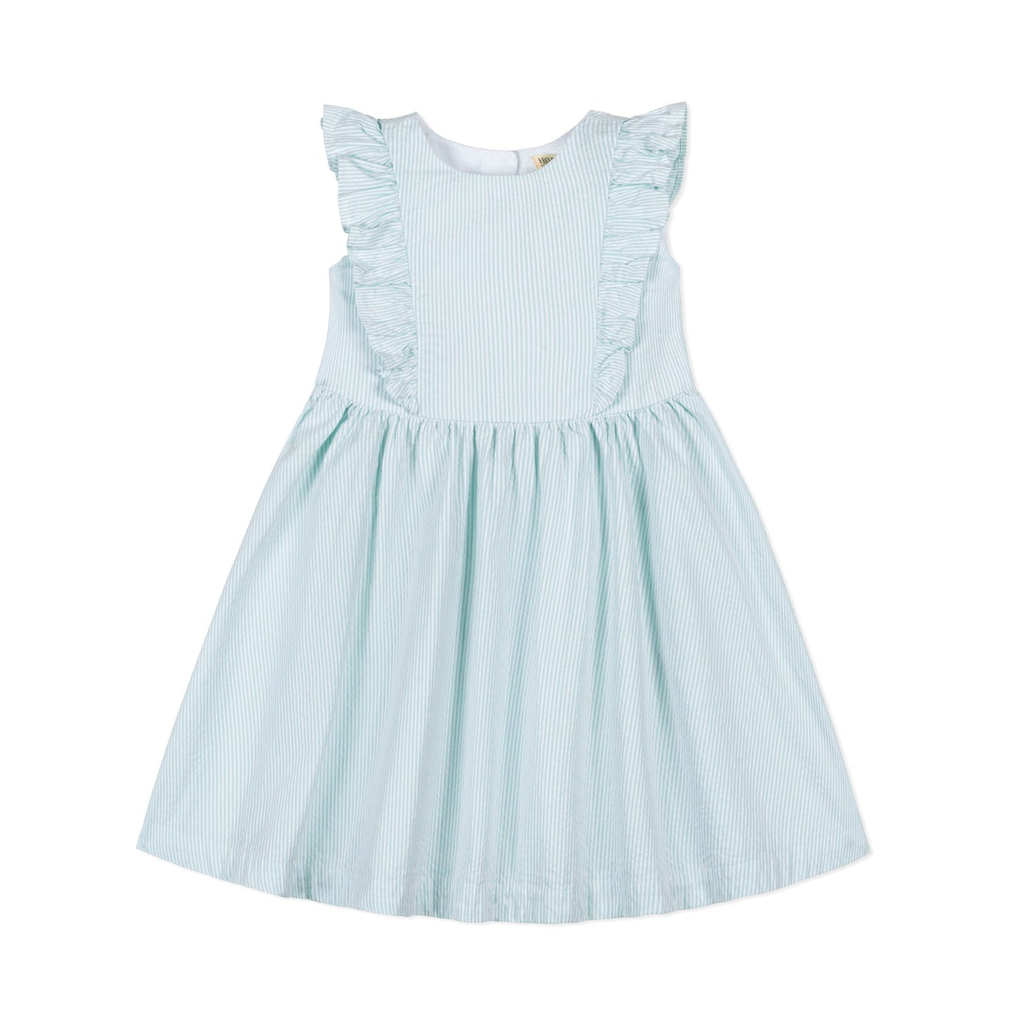 Girls Organic Flutter Sleeve Open Back Dress - Mint Seersucker