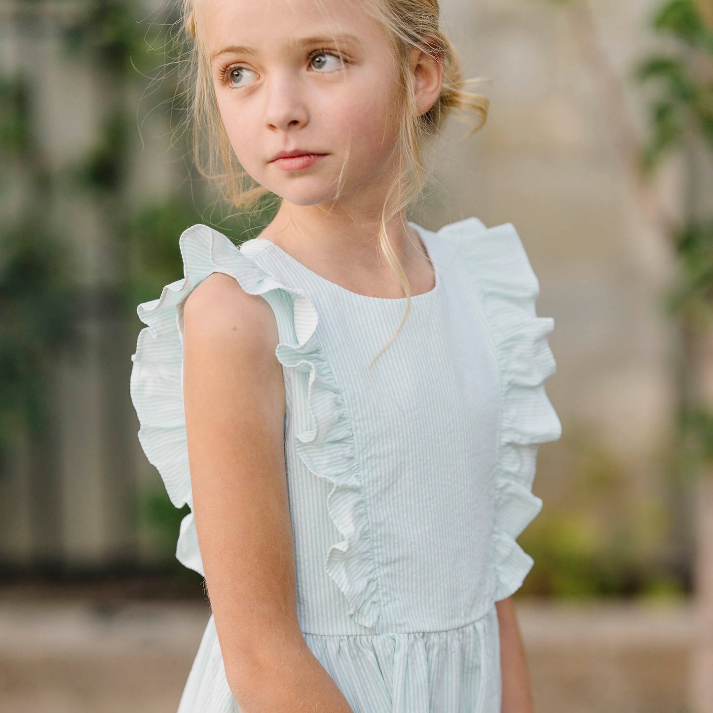 Girls Organic Flutter Sleeve Open Back Dress - Mint Seersucker