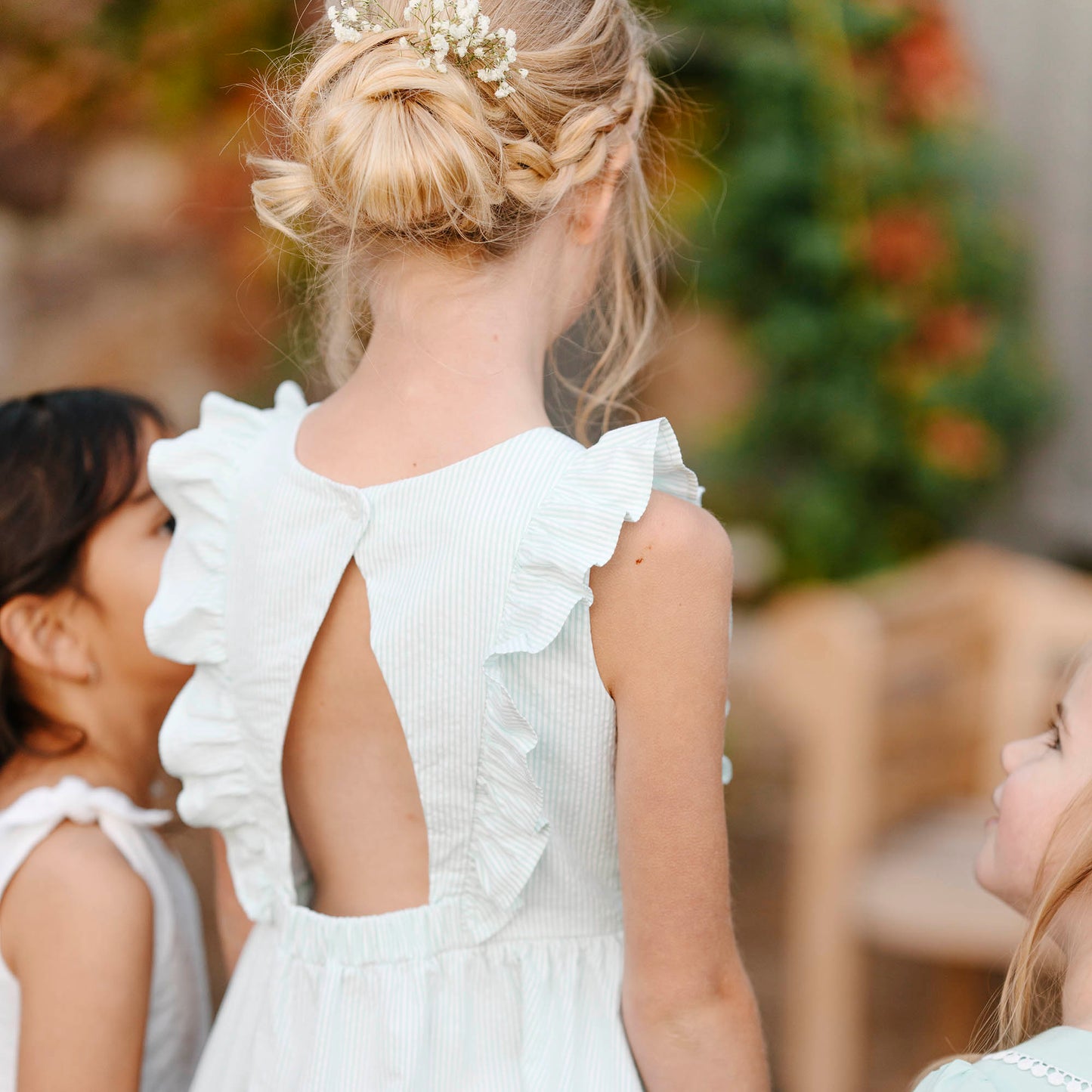 Girls Organic Flutter Sleeve Open Back Dress - Mint Seersucker