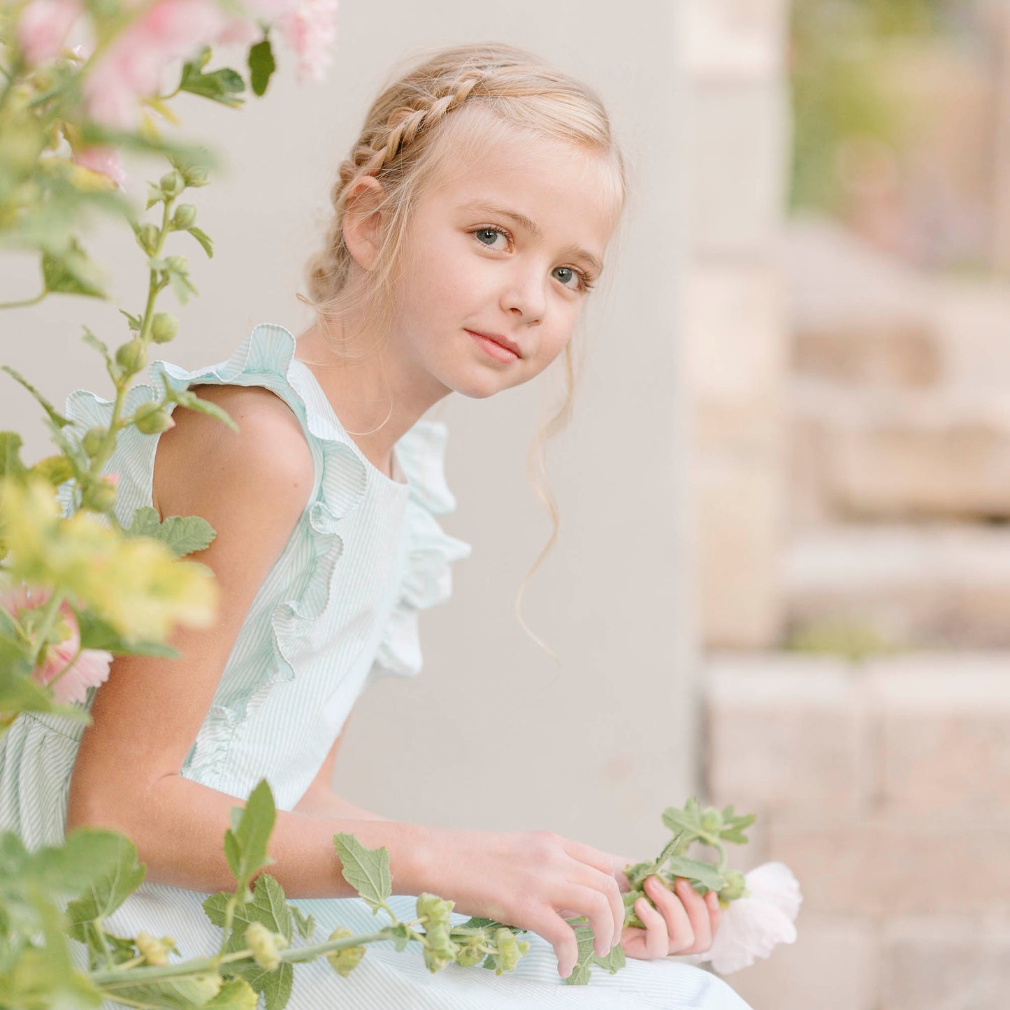 Girls Organic Flutter Sleeve Open Back Dress - Mint Seersucker