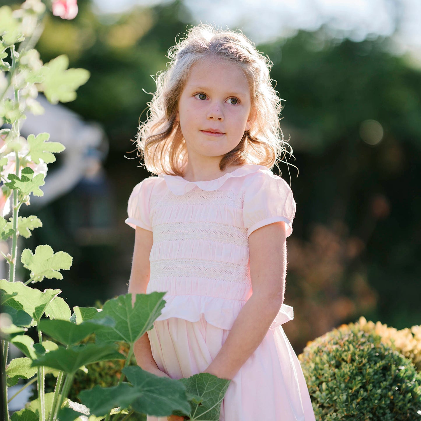 Girls Organic Puff Sleeve Smocked Party Dress - Pale Pink