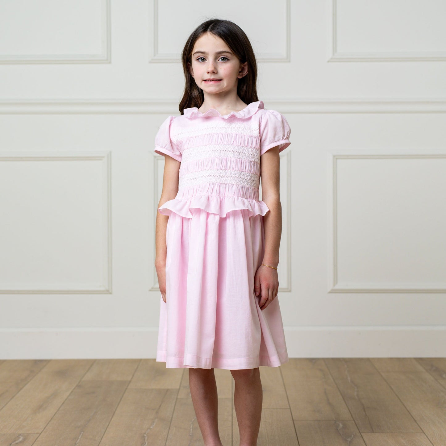 Girls Organic Puff Sleeve Smocked Party Dress - Pale Pink