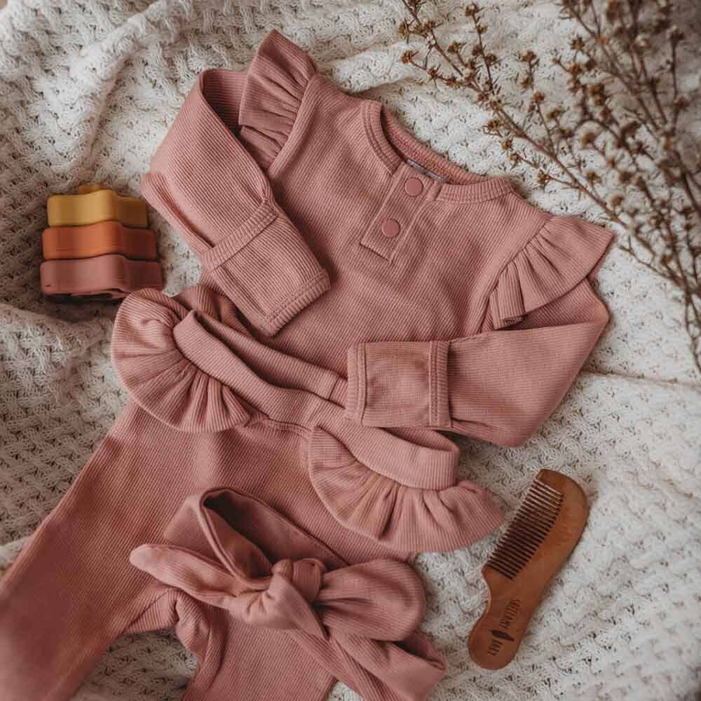 Organic Ruffle Sleeve Ribbed Baby Bodysuit - Rose