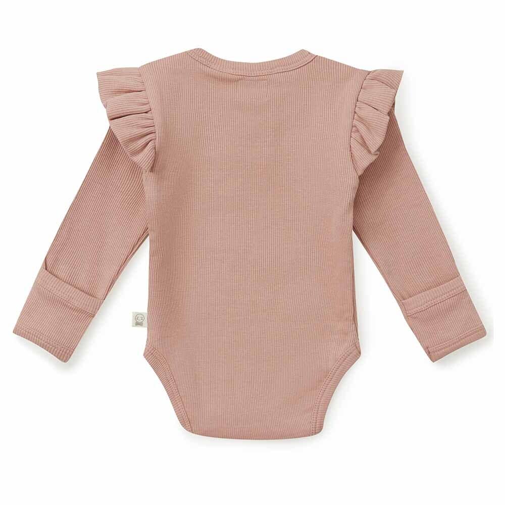 Organic Ruffle Sleeve Ribbed Baby Bodysuit - Rose