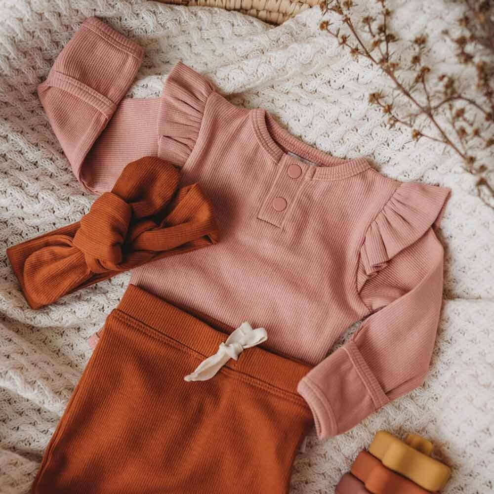 Organic Ruffle Sleeve Ribbed Baby Bodysuit - Rose