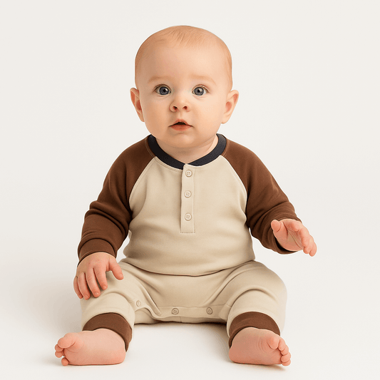 Organic Baby Brix Henley Romper - Oat / Chestnut