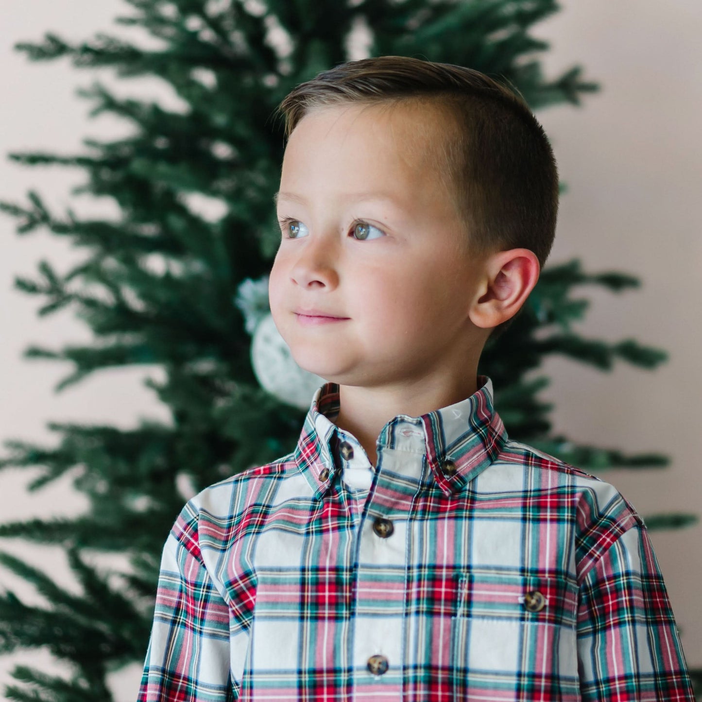 Boys Organic Button Down Shirt - Ivory Tartan