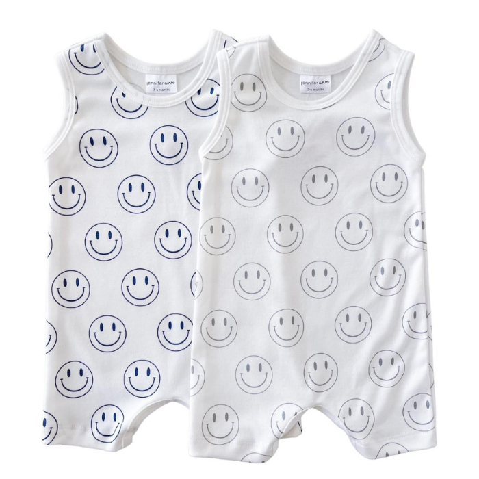 Baby Tank Romper - Navy Blue Smiley Faces