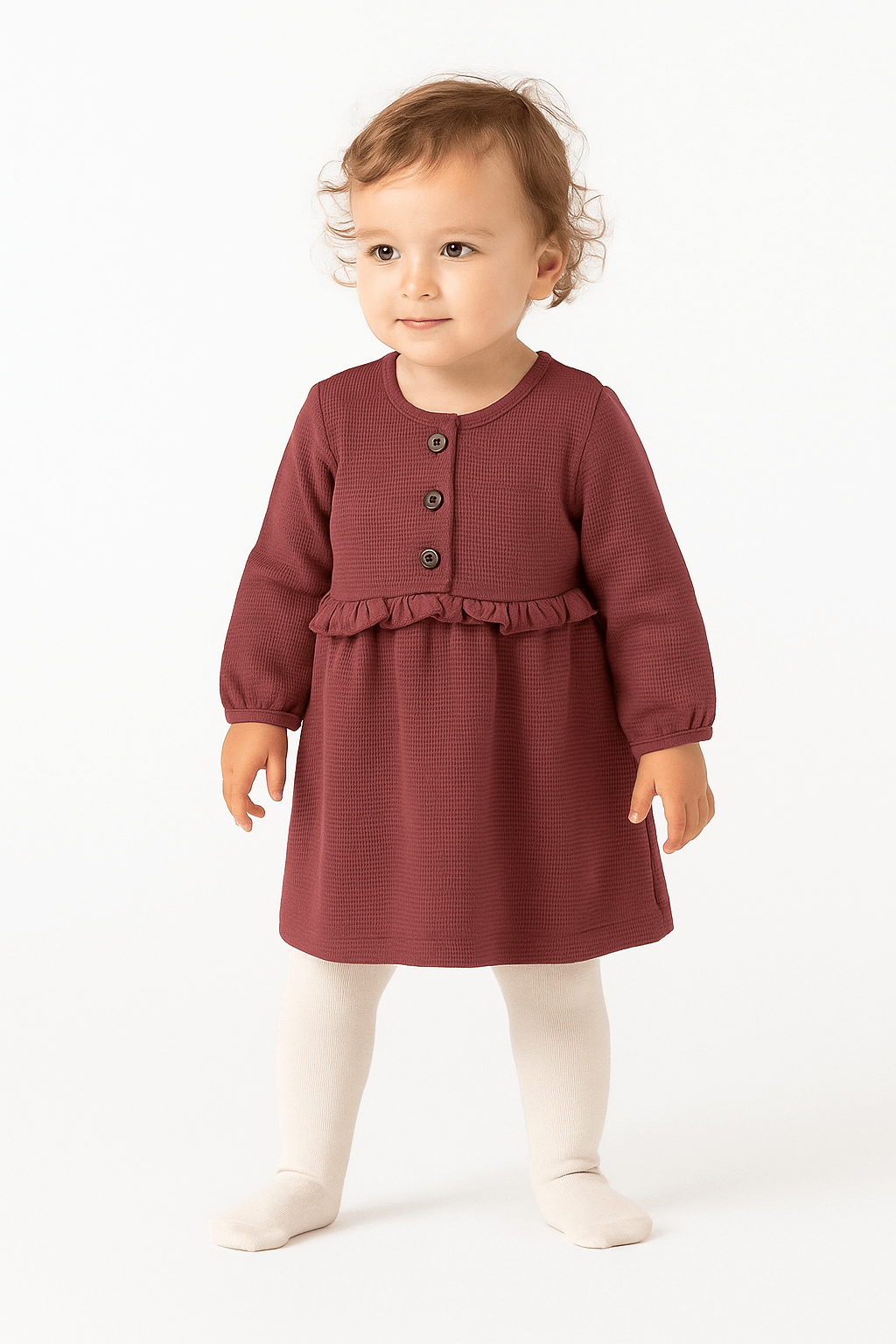 Nina Organic Waffle Knit Ruffle Waist Toddler Dress - Mulberry