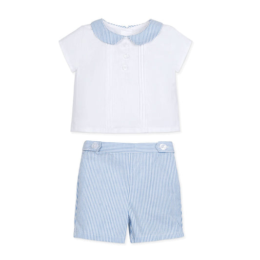 Baby Boy Peter Pan Shirt and Short Set - Blue Seersucker
